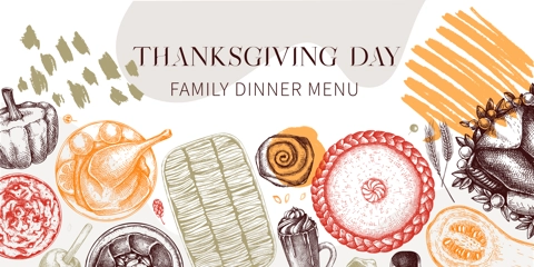 Thanksgiving dinner collage. Fall food and drinks trendy frame design. Sketched roasted turkey, vegetables, baked goods, and desserts sketches. Vintage autumn food template. Thanksgiving background